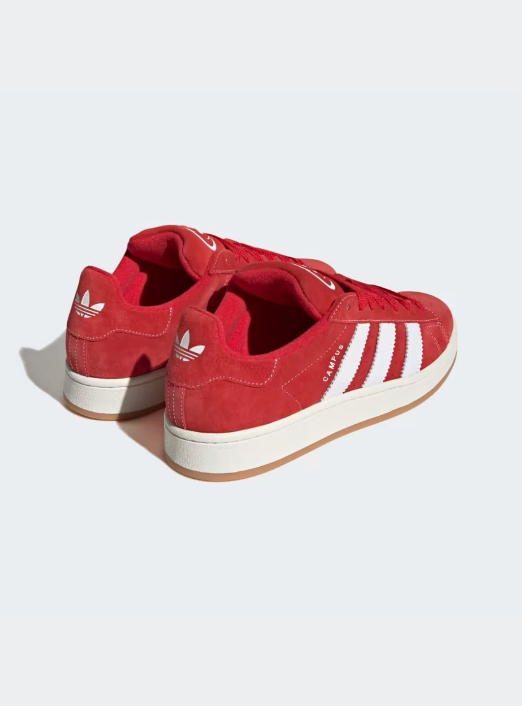 Adidas Campus 00s Vibrant Scarlet Cloud White sneakers with red suede and white stripes. 3