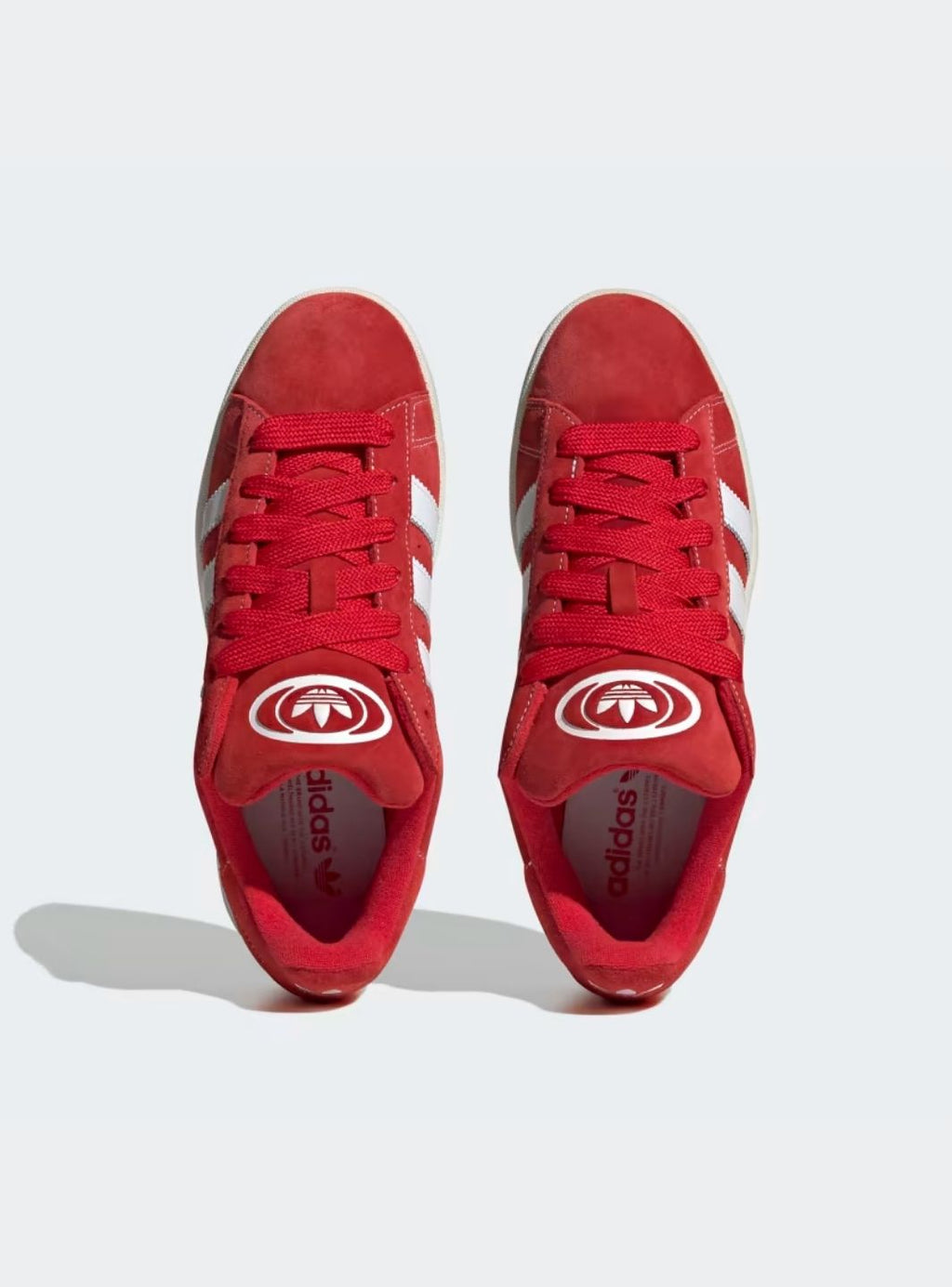 Adidas Campus 00s Vibrant Scarlet Cloud White sneakers with red suede and white stripes. 4