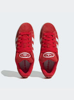 Adidas Campus 00s Vibrant Scarlet Cloud White sneakers with red suede and white stripes. 4