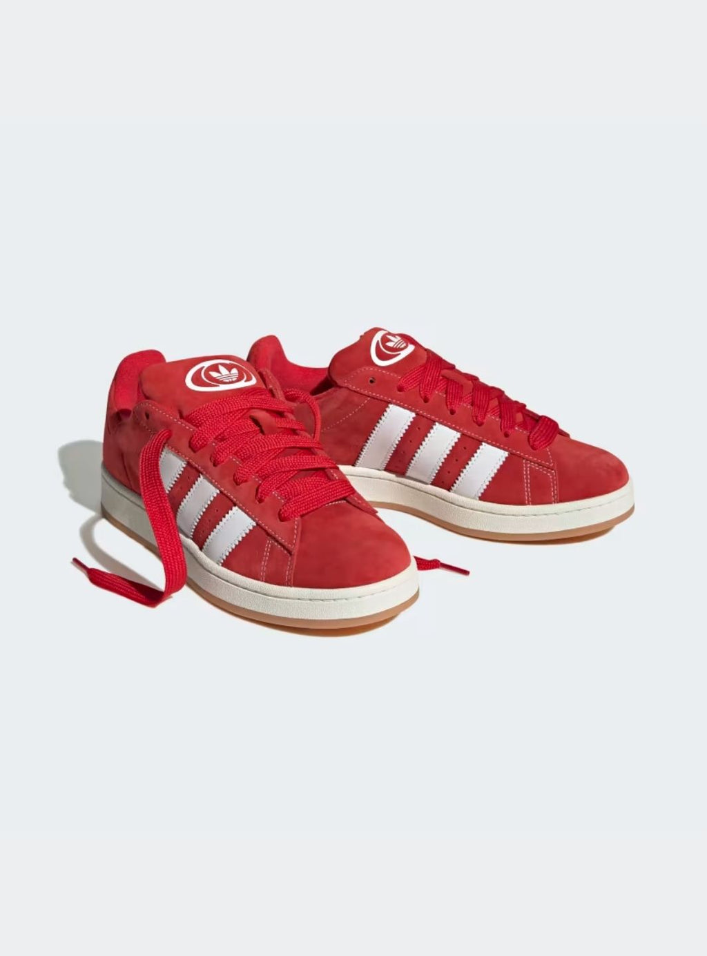 Adidas Campus 00s Vibrant Scarlet Cloud White sneakers with red suede and white stripes. 5