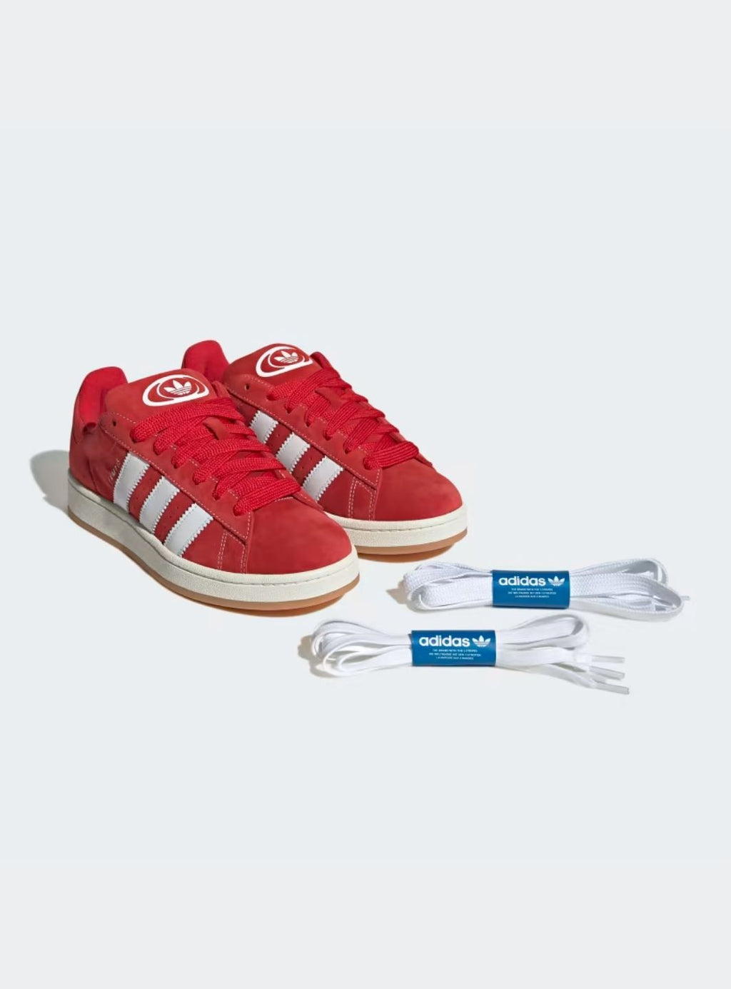 Adidas Campus 00s Vibrant Scarlet Cloud White sneakers with red suede and white stripes. 6