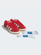 Adidas Campus 00s Vibrant Scarlet Cloud White sneakers with red suede and white stripes. 6