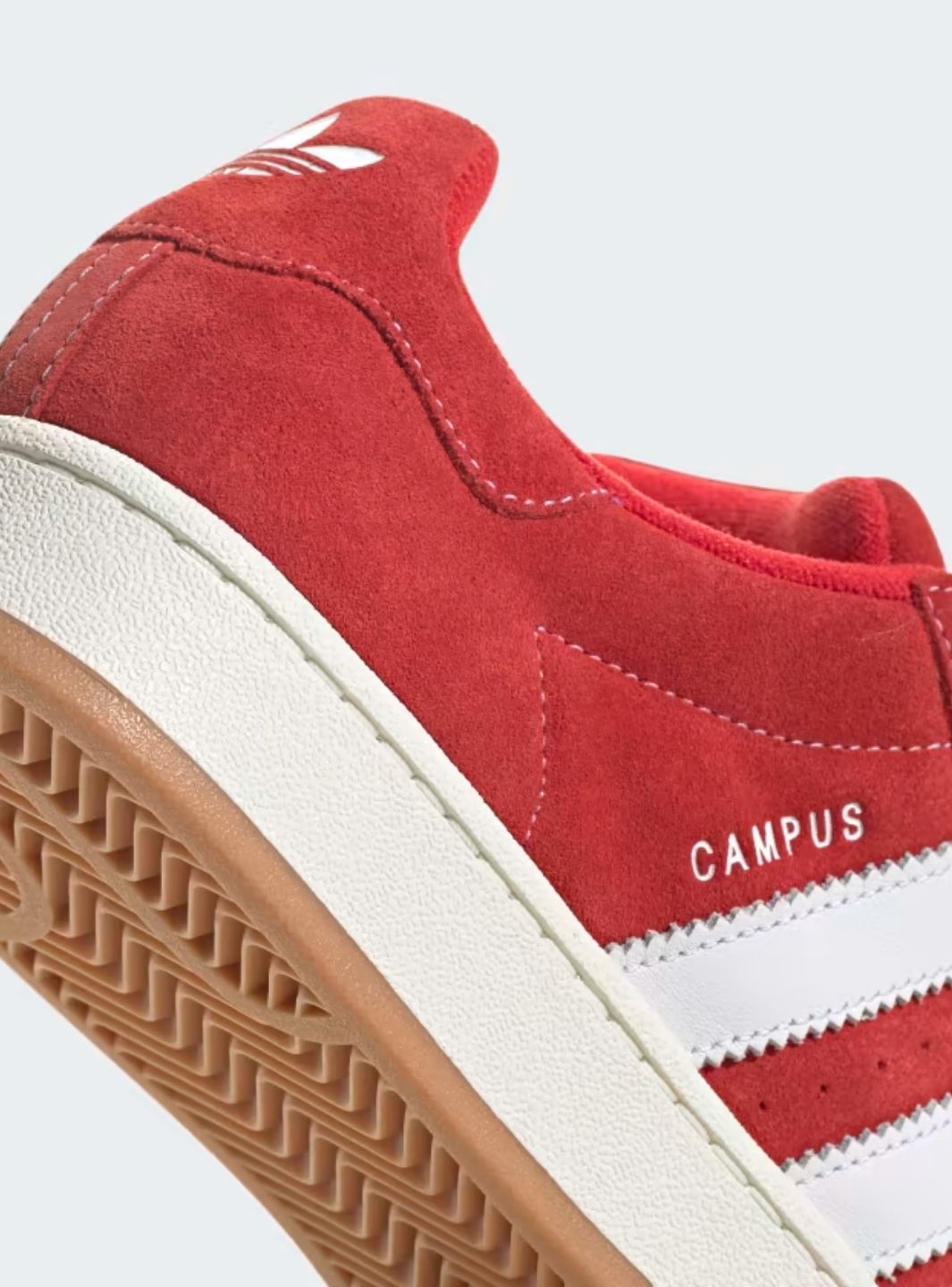 Adidas Campus 00s Vibrant Scarlet Cloud White sneakers with red suede and white stripes. 7