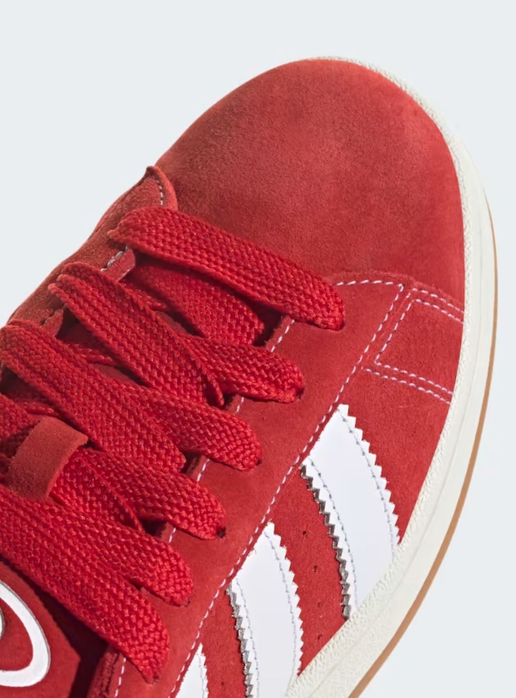 Adidas Campus 00s Vibrant Scarlet Cloud White sneakers with red suede and white stripes. 8