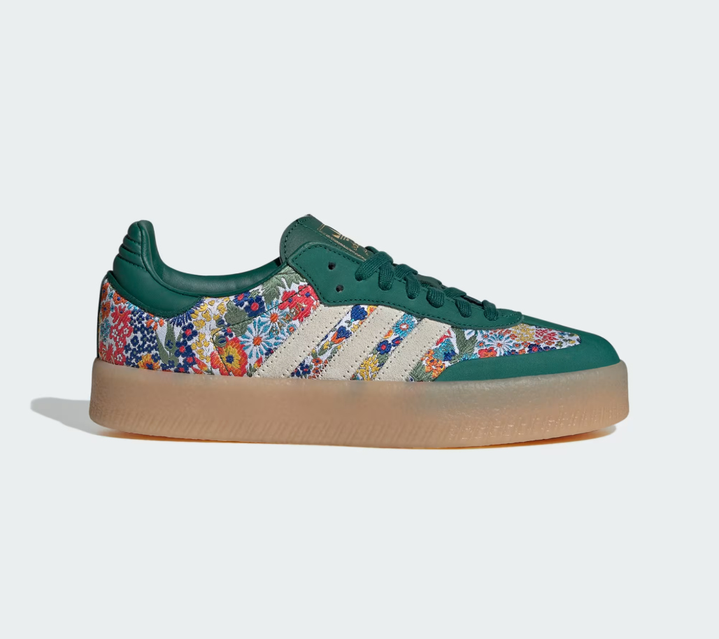 Adidas x Liberty London Samba Collection Green sneakers with floral design.