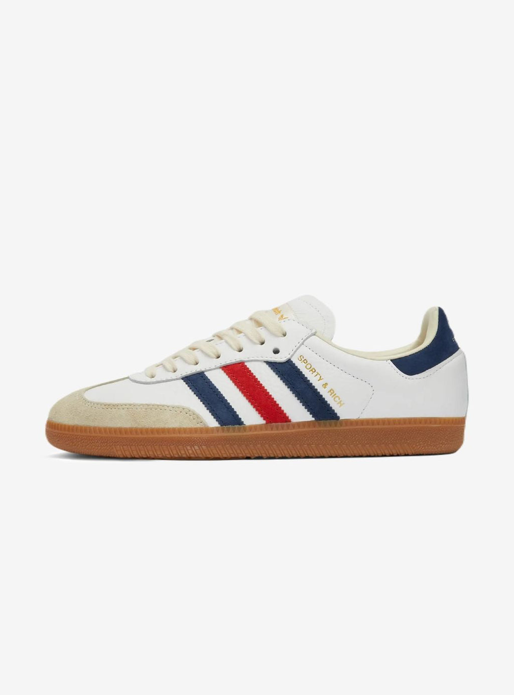 Adidas Samba OG Sporty & Rich USA Stylish sneaker in white leather with navy and red accents.