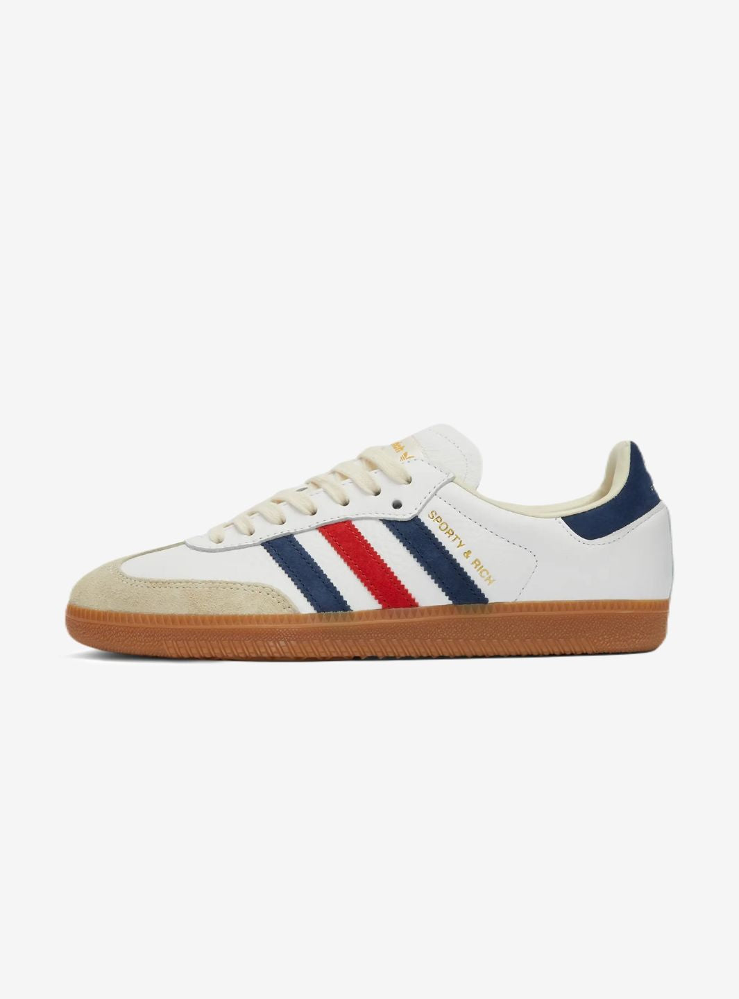 Adidas Samba OG Sporty & Rich USA Stylish sneaker in white leather with navy and red accents.