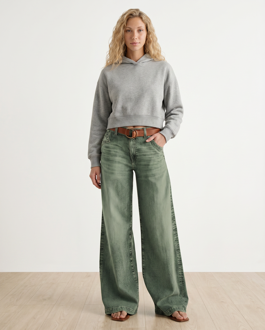 Comfortable Janet wide jeans in faded green denim 6