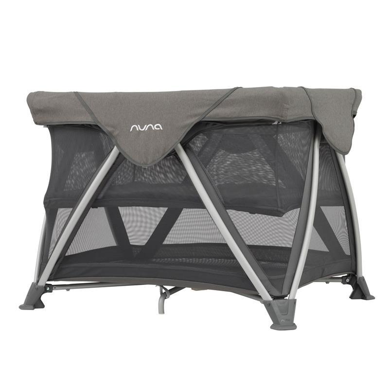 Travel Crib with Gray Fabric and Mesh Design
