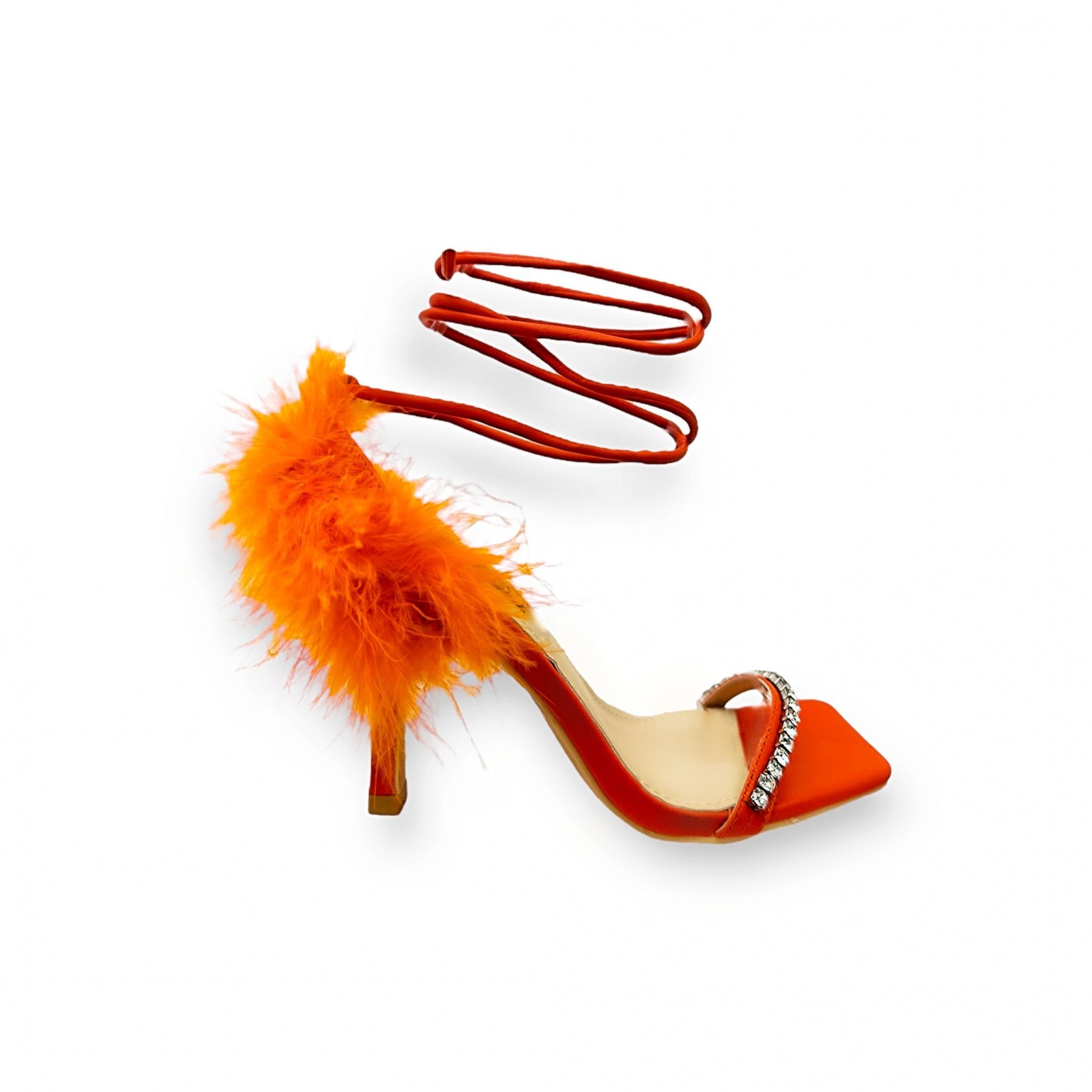 Crystal Euphoria Orange Sparkling Heels with feather trim 2