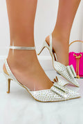 Crystal Glamour Bow Heels in sparkling white with oversized bow detail.