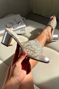 Crystal Pearl Luxe Block Mule Heels with sparkling embellishments.