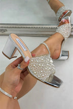 Crystal Pearl Luxe Block Mule Heels with sparkling embellishments. 2