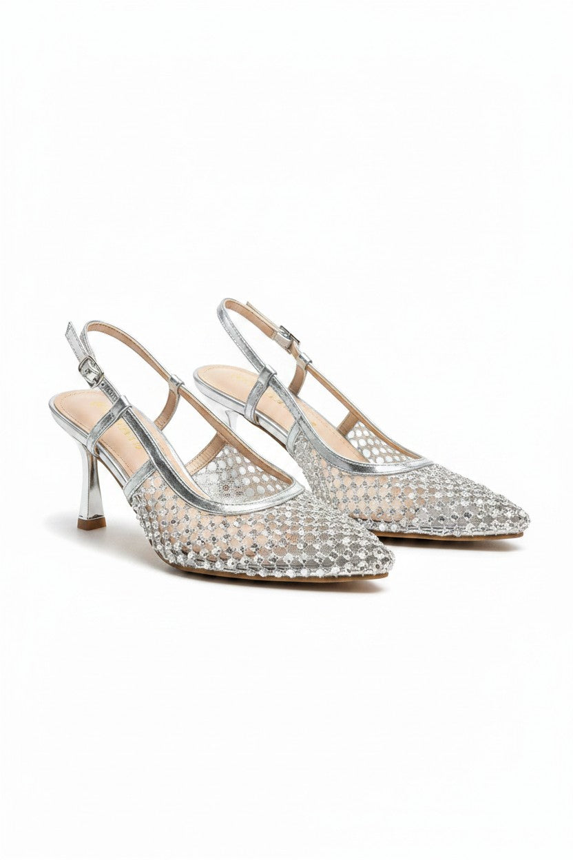 Crystal Siren Slingback Court Heels in shimmering silver with crystal embellishments. 5