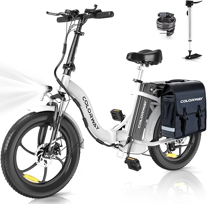Stylish folding electric bike in black and white for urban commuting.