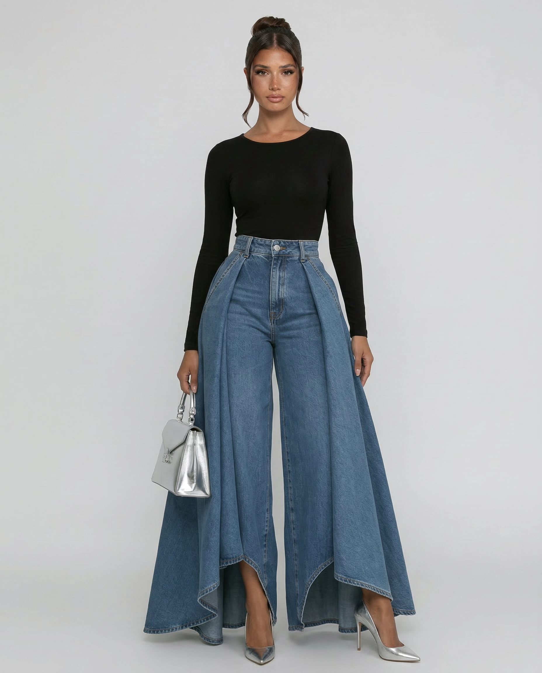 Stylish high waist wide jeans for women, perfect for casual and elegant looks.