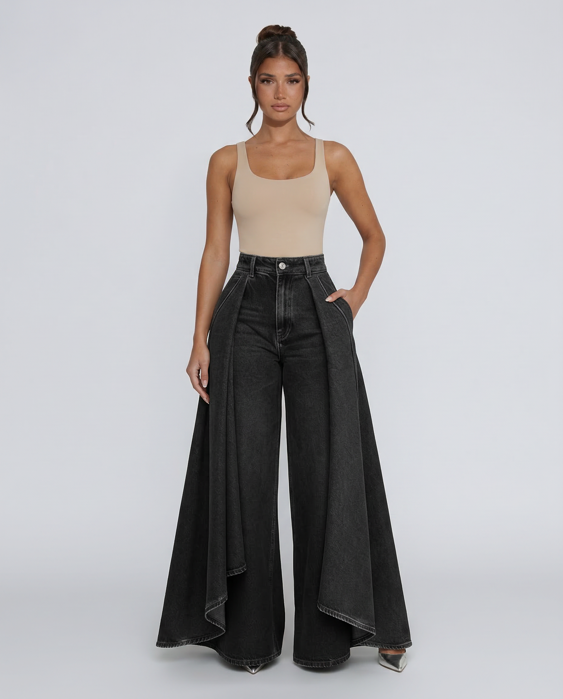 Stylish high waist wide jeans for women, perfect for casual and elegant looks. 11