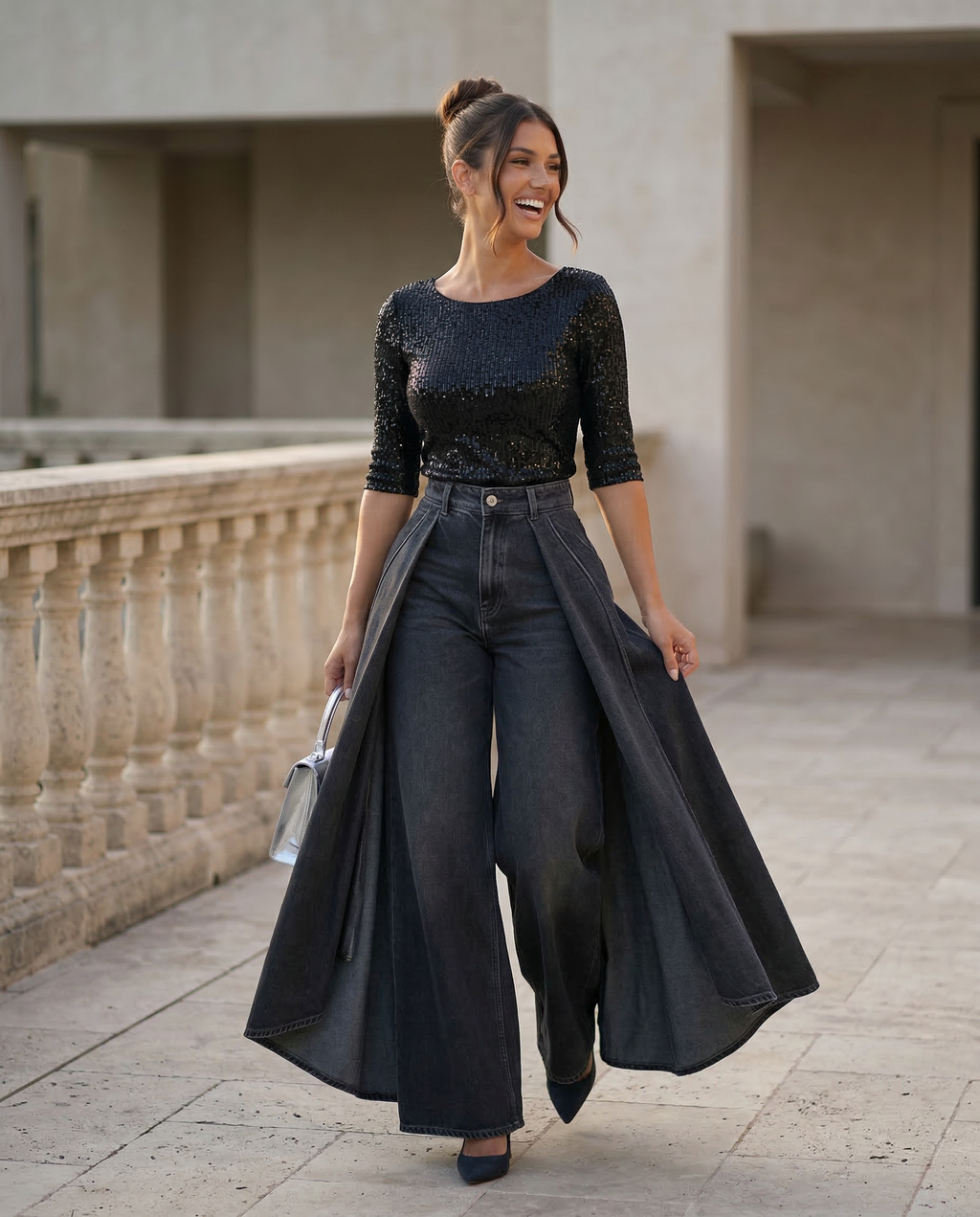 Stylish high waist wide jeans for women, perfect for casual and elegant looks. 13