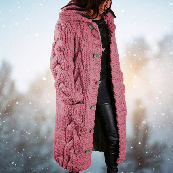Elegant ladies cardigan made from soft material with a coarse cable pattern.