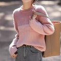 Ladies shiny chunky knit sweater with high collar in pink and brown. 2