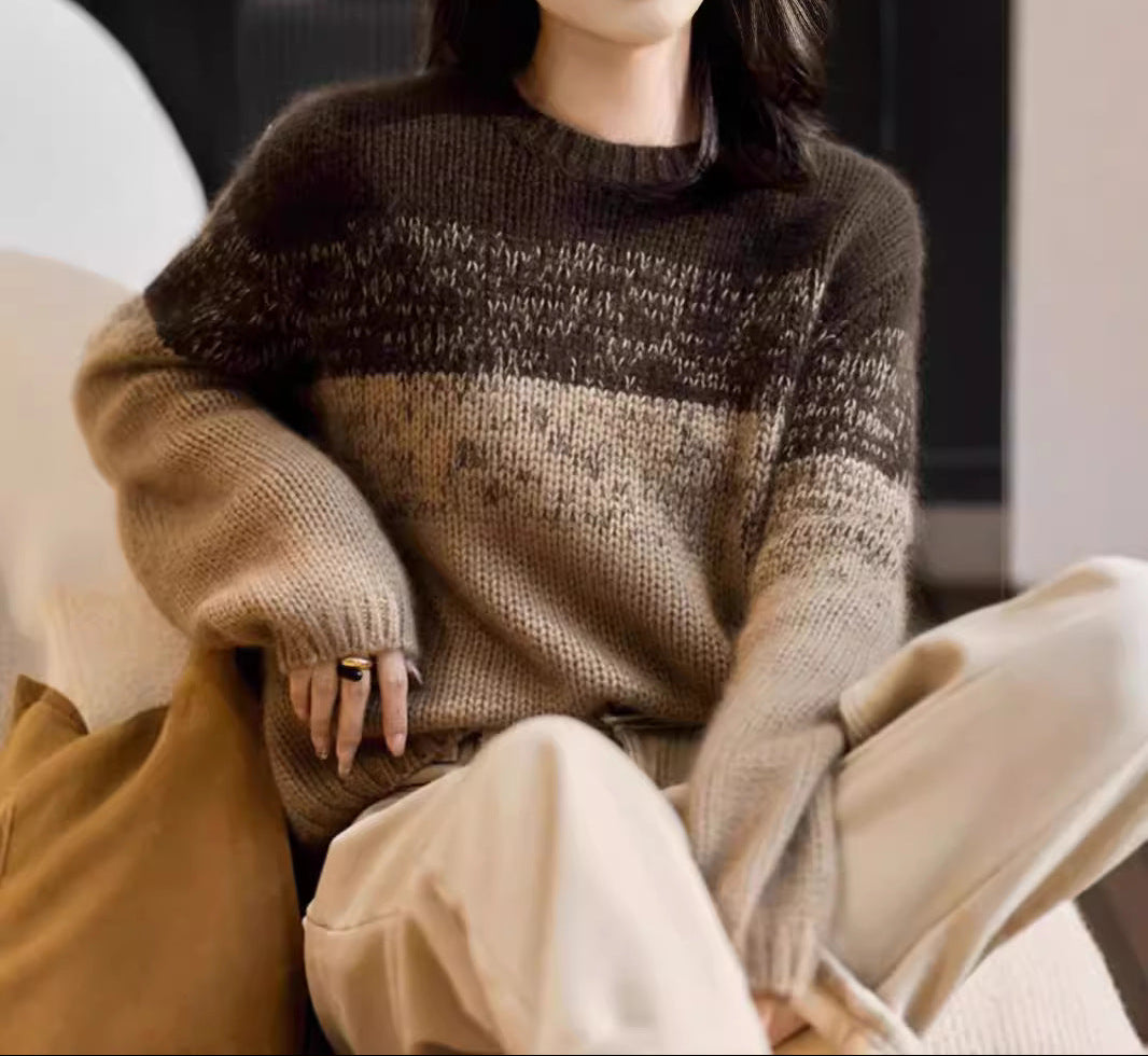 Ladies shiny chunky knit sweater with high collar in pink and brown. 3