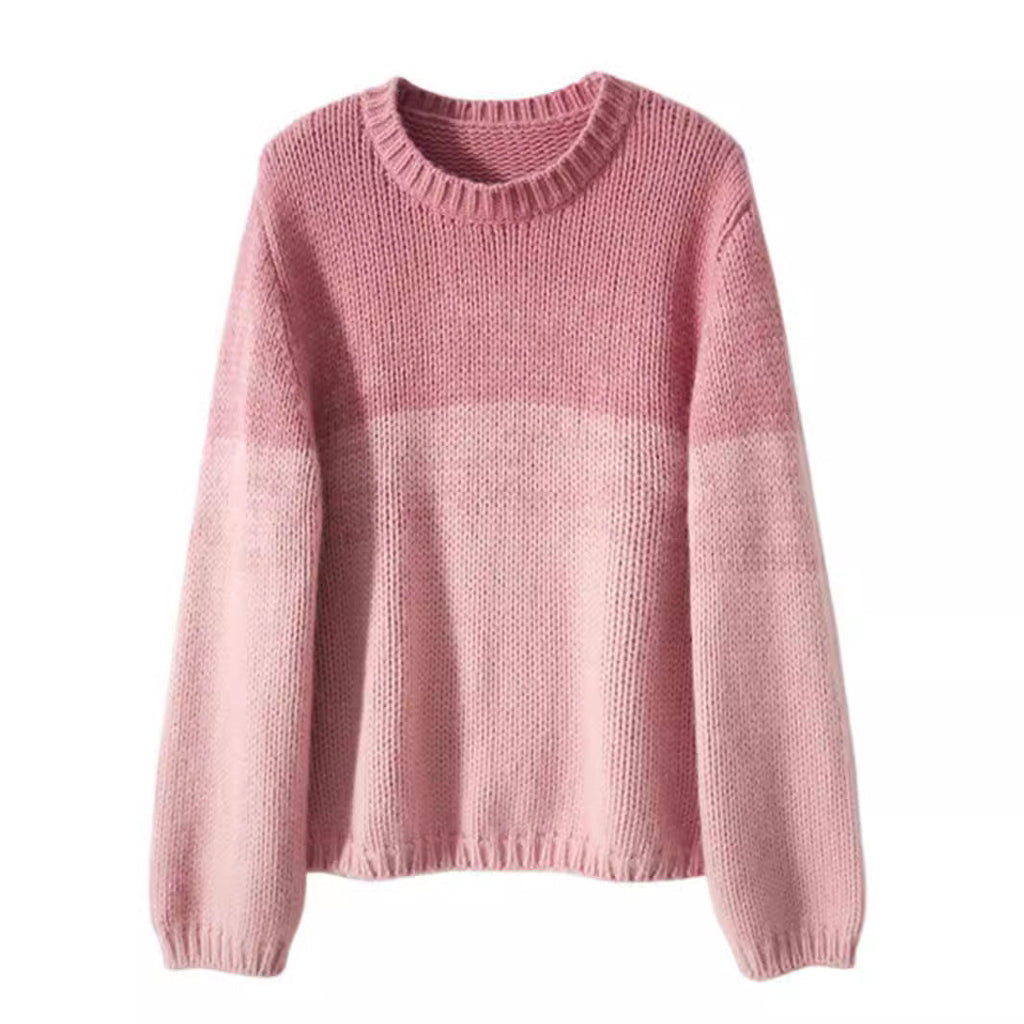 Ladies shiny chunky knit sweater with high collar in pink and brown. 4