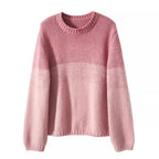 Ladies shiny chunky knit sweater with high collar in pink and brown. 4