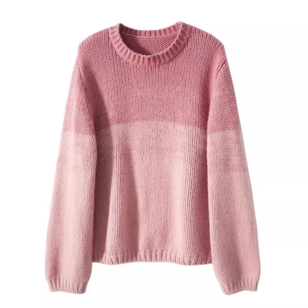 Ladies shiny chunky knit sweater with high collar in pink and brown. 4
