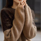 Ladies shiny chunky knit sweater with high collar in pink and brown. 5