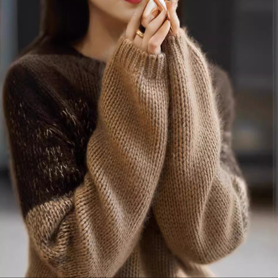 Ladies shiny chunky knit sweater with high collar in pink and brown. 5