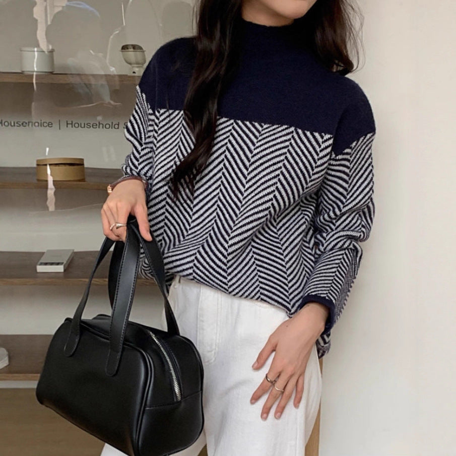 Ladies Chunky Knit Sweater with Stand-Up Collar in Gray 2