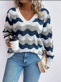 Elegant ladies cotton long sleeve sweater with wave pattern.