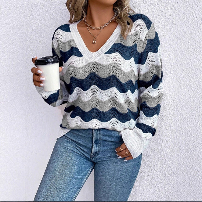 Elegant ladies cotton long sleeve sweater with wave pattern. 5