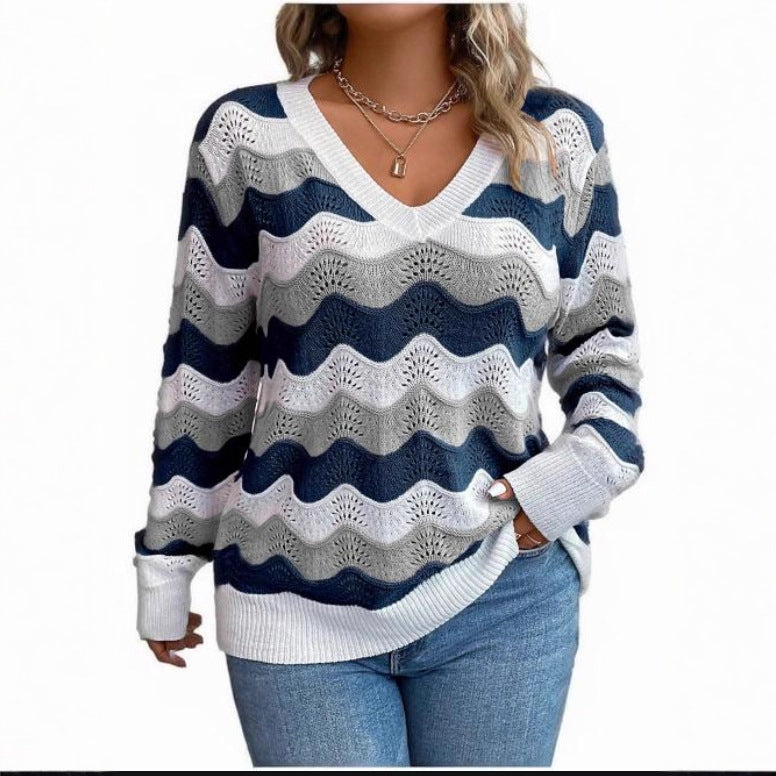 Elegant ladies cotton long sleeve sweater with wave pattern. 6
