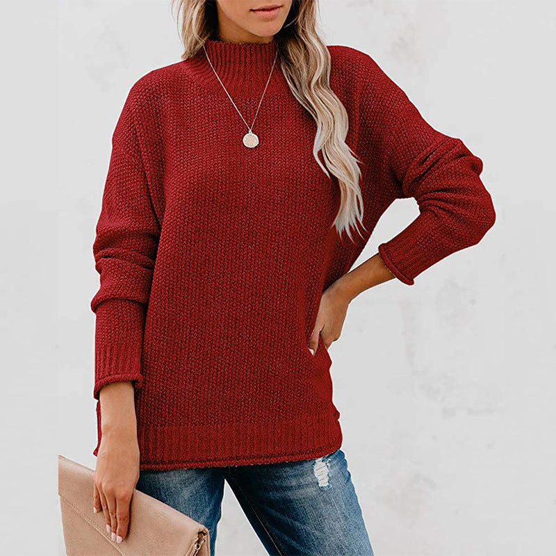 Elegant ladies knit sweater with high collar in various colors.