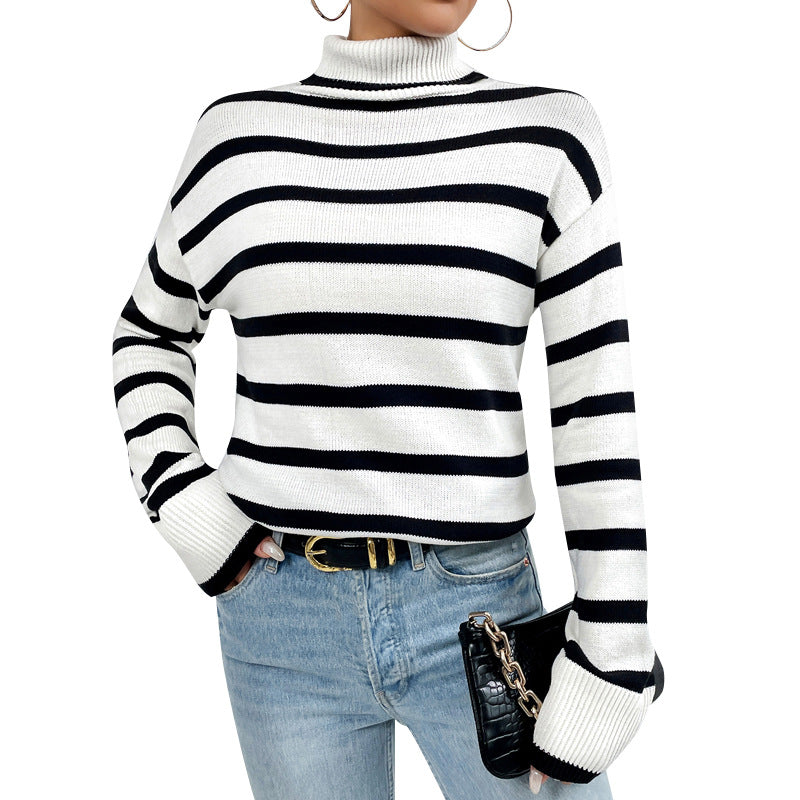 Stylish long sleeve sweater with high collar for women.