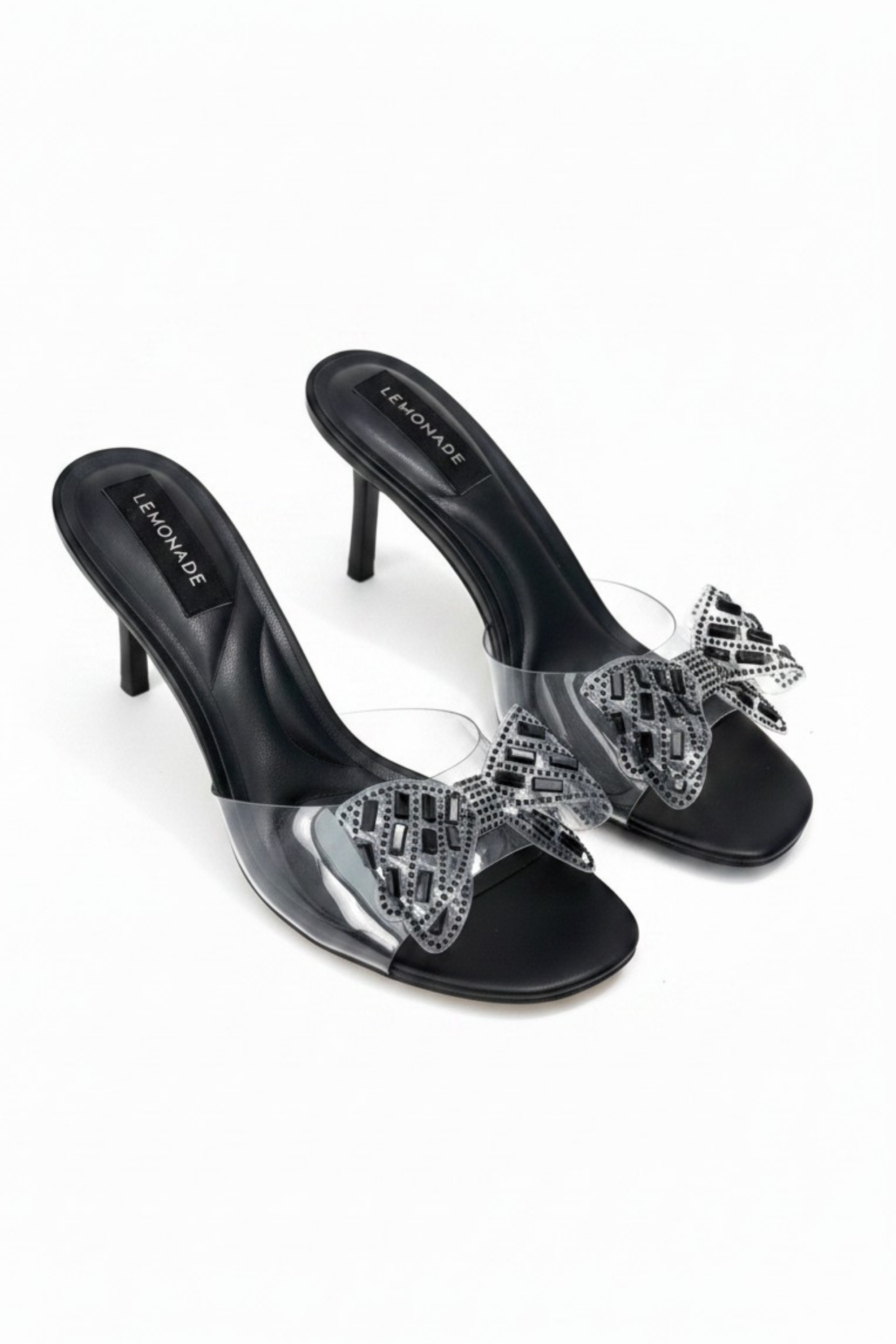 Sparkling Darling Jelly Bow Heels in Black with crystal bow detail. 3
