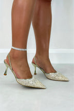 Sparkling heavenly slingback heels in gold for elegant occasions. 3