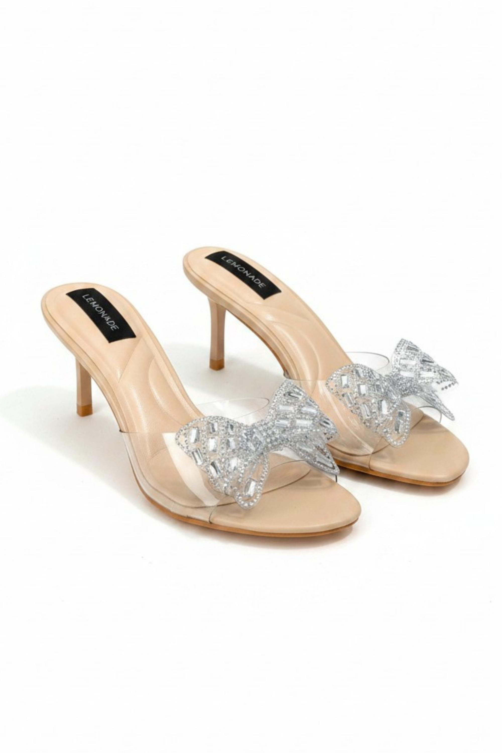 Sparkling Jelly Bow Heels in Nude color with crystal bow detail. 3