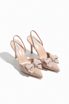 Sparkling velvet bow slingback heels in nude color. 3