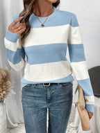 Elegant striped women's sweater with round neckline and long sleeves.
