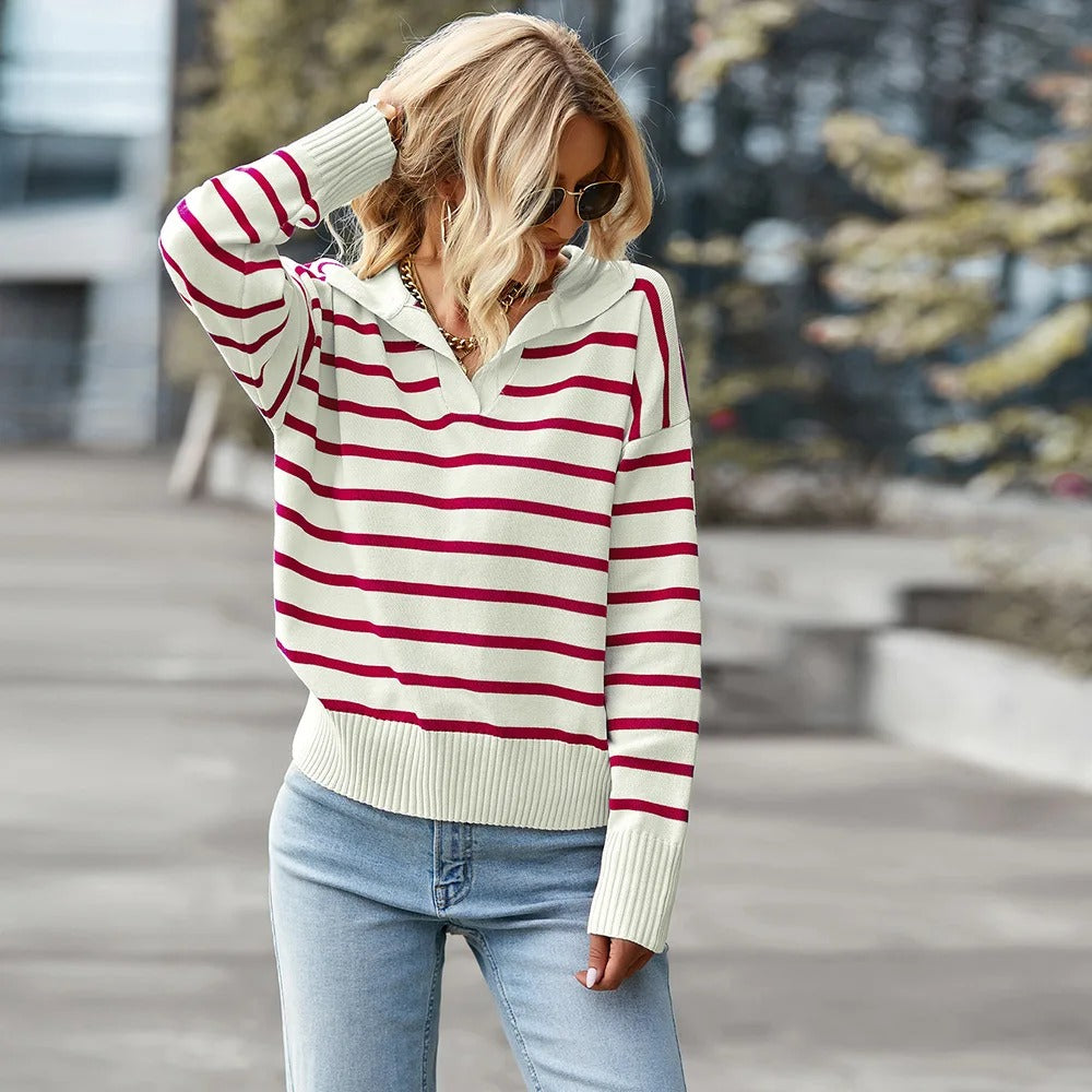 Elegant striped women's sweater with V-neck, perfect for casual and office wear. 2