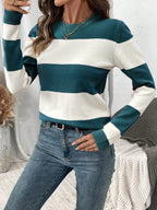 Elegant striped women's sweater with round neckline and long sleeves. 8