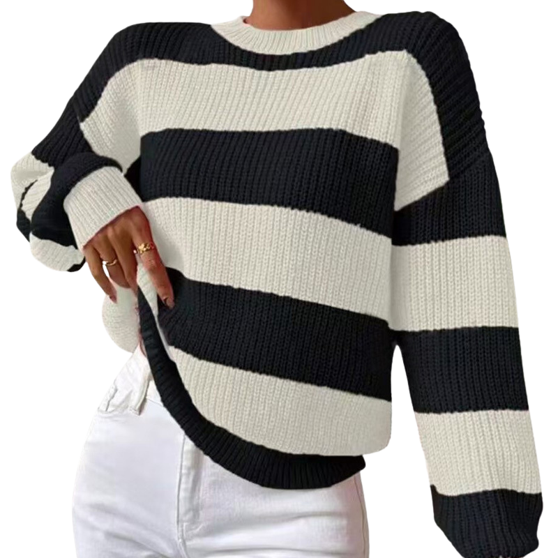 Comfortable striped women's sweater with round neck. 2
