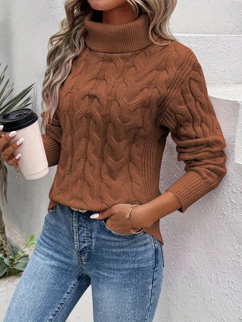 Stylish turtleneck sweater with cable knit detail for women. 2