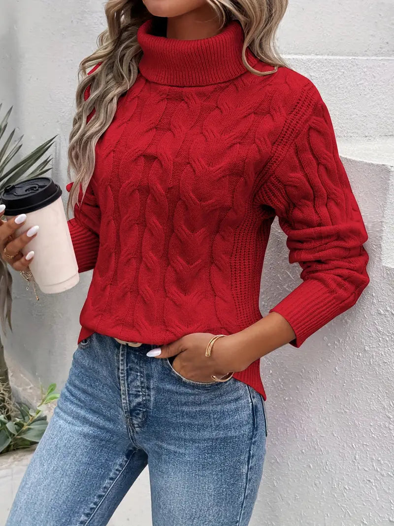 Stylish turtleneck sweater with cable knit detail for women. 3