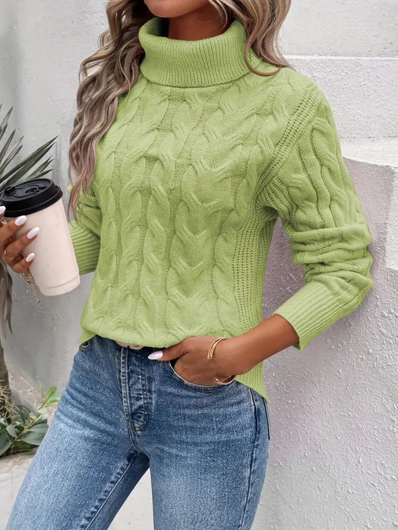 Stylish turtleneck sweater with cable knit detail for women. 5