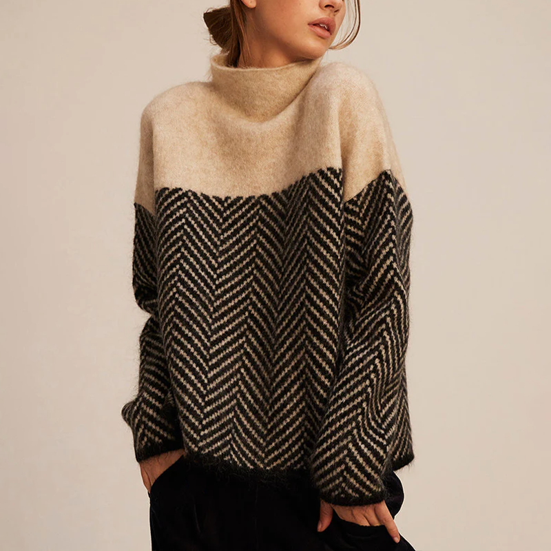 Stylish women's turtleneck sweater with herringbone pattern