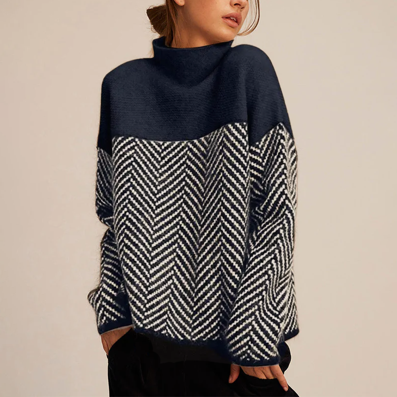 Stylish women's turtleneck sweater with herringbone pattern 3