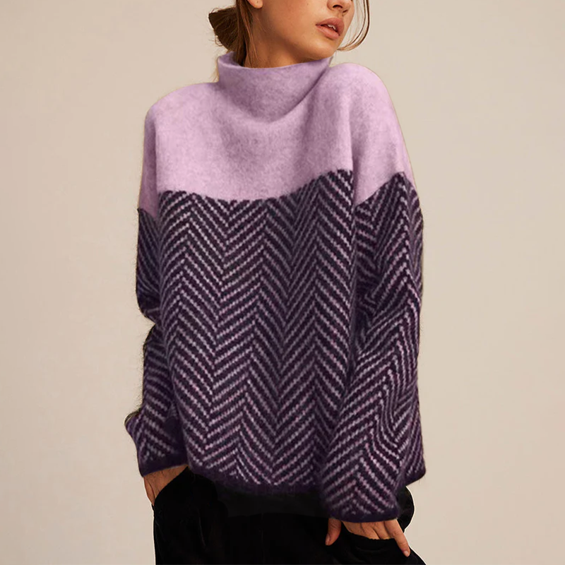 Stylish women's turtleneck sweater with herringbone pattern 4